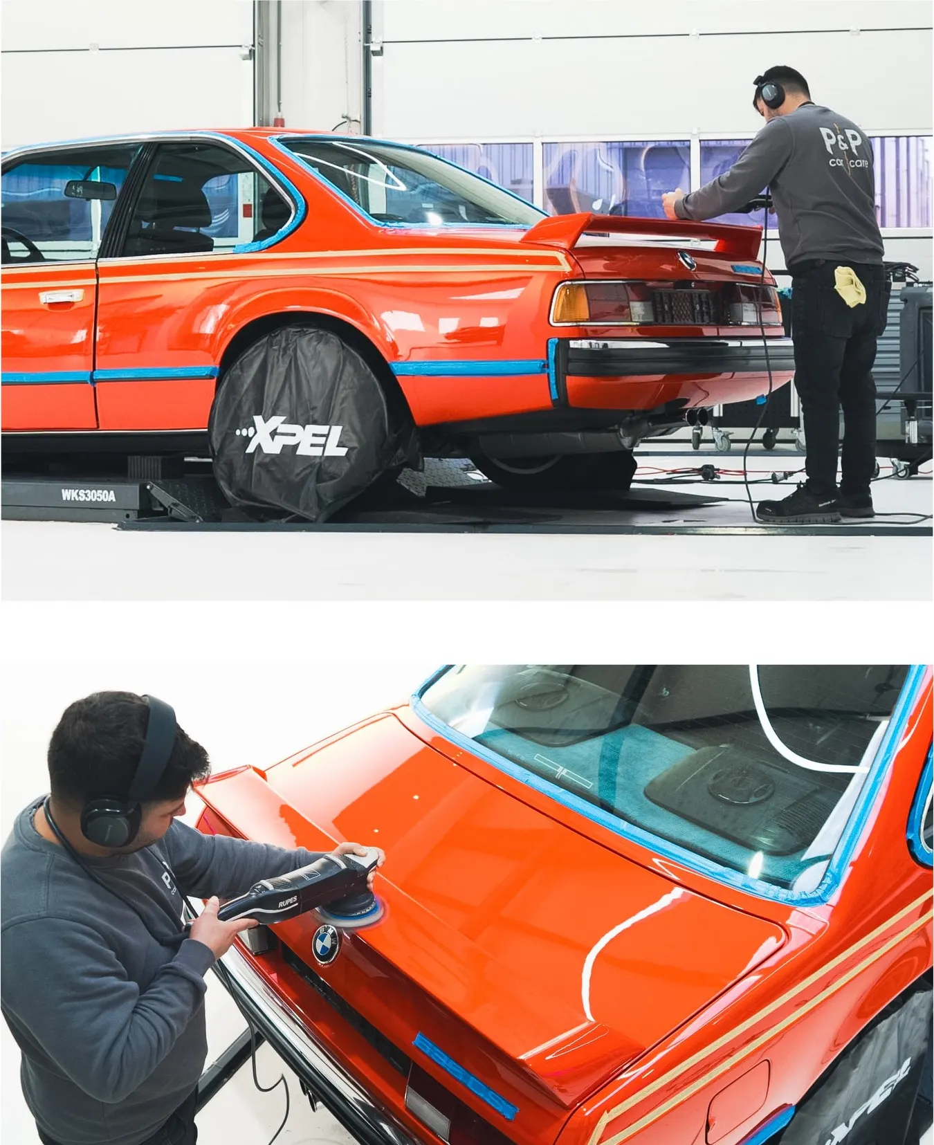 De BMW 635 CSi wordt afgeplakt en behandeld door P&P Car Care