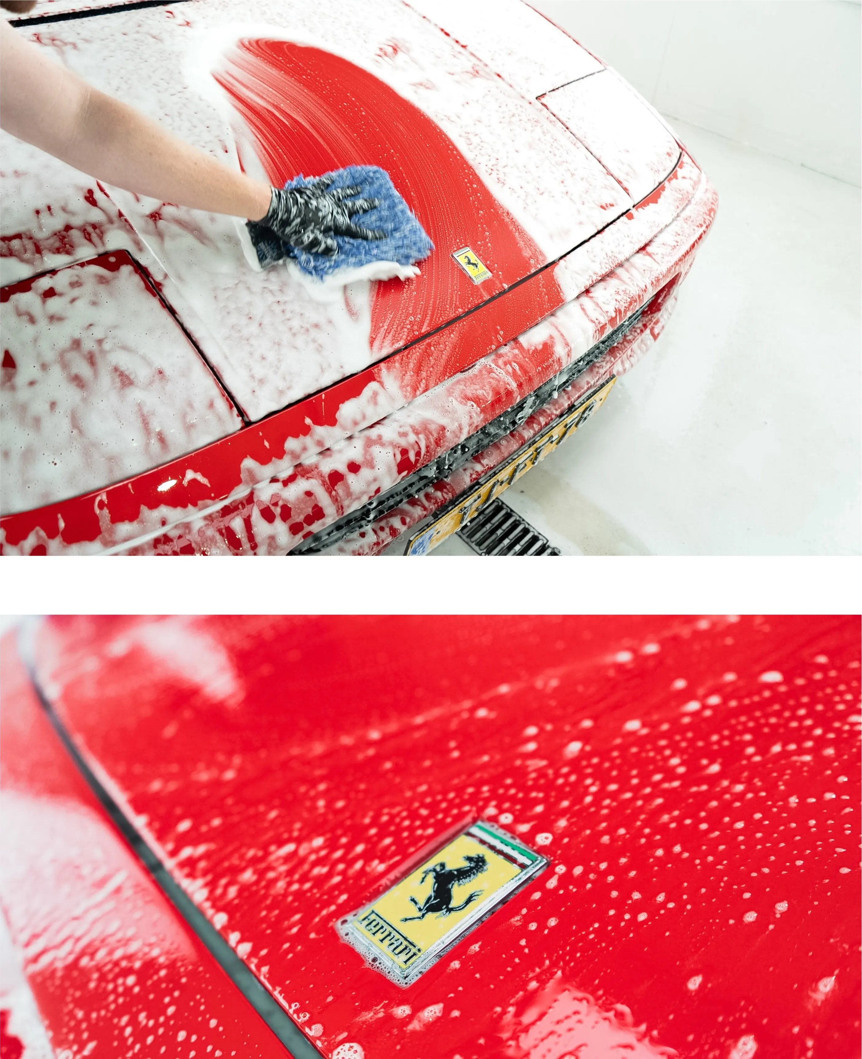 De Ferrari F355 GTS wordt met foam gewassen voor de lakcorrectie