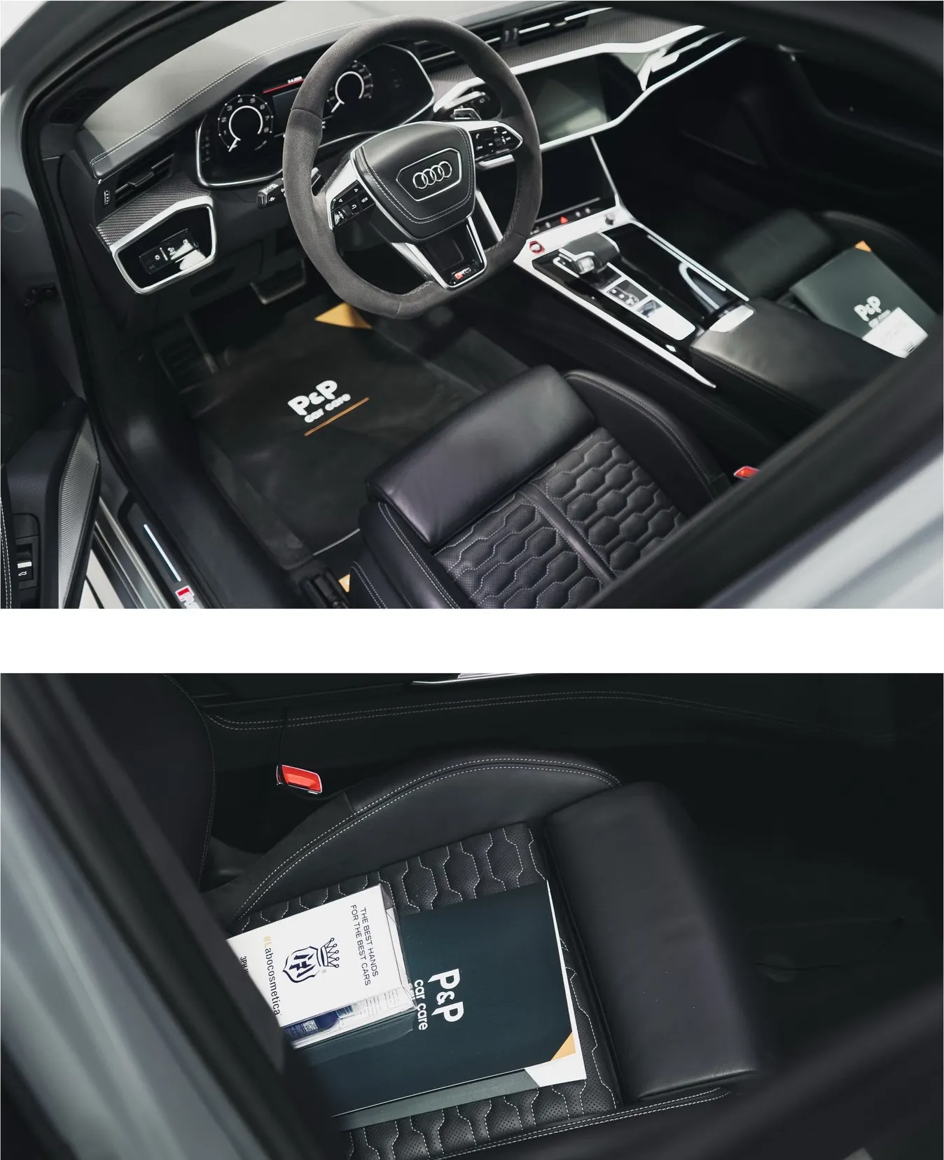Interieur van de Audi RS6 Avant met stuur en dashboard